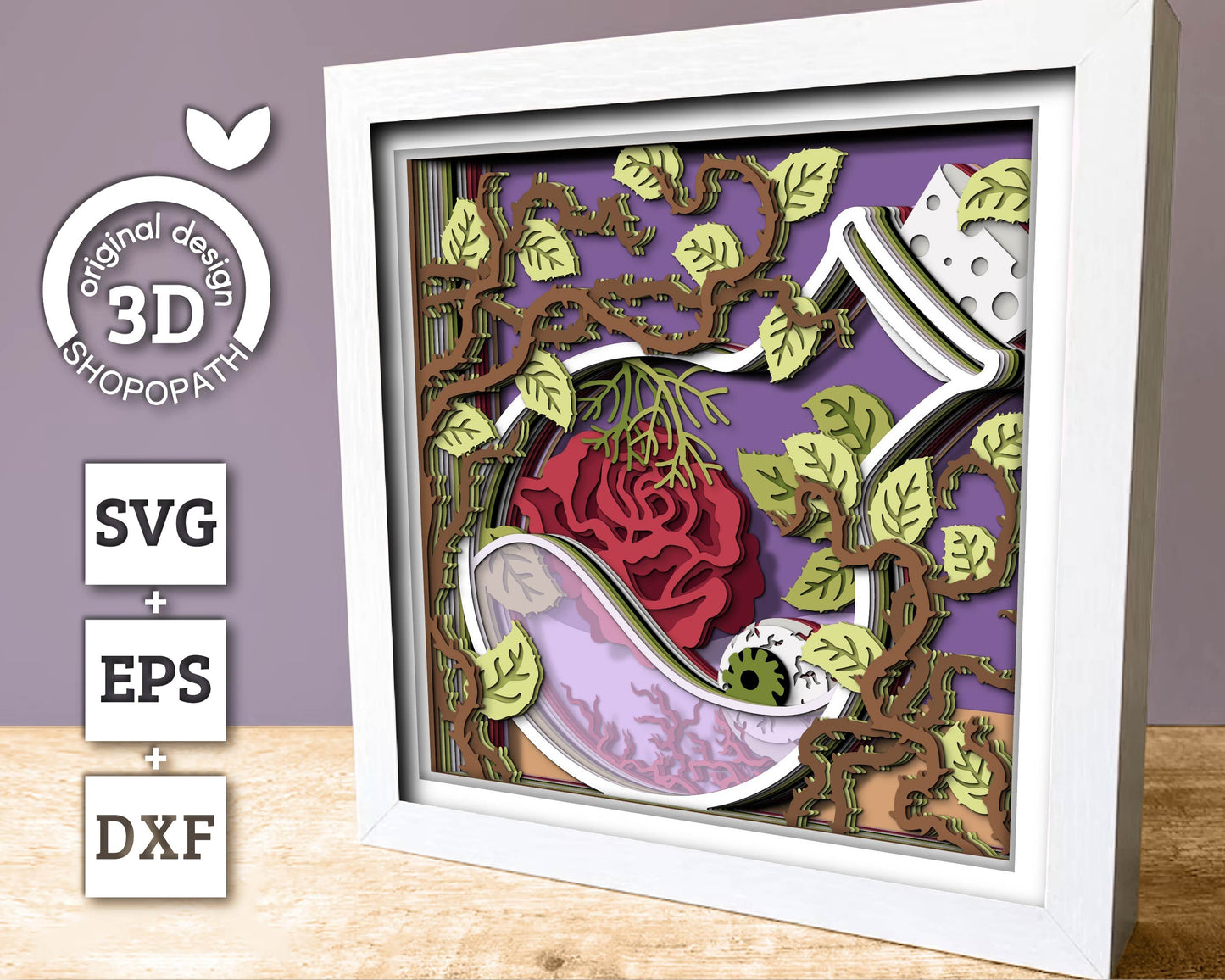 3D SVG Potion Bottle With Rose Shadow Box, Halloween Shadow Box 3D Svg, Potion Bottle 3D SVG, Rose 3d SVG, Eyeball 3D Svg Cricut Silhouette
