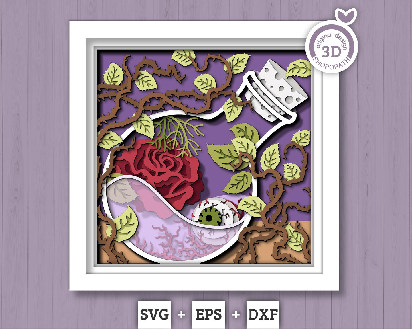 3D SVG Potion Bottle With Rose Shadow Box, Halloween Shadow Box 3D Svg, Potion Bottle 3D SVG, Rose 3d SVG, Eyeball 3D Svg Cricut Silhouette