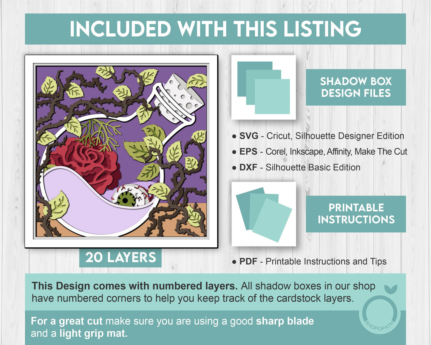 3D SVG Potion Bottle With Rose Shadow Box, Halloween Shadow Box 3D Svg, Potion Bottle 3D SVG, Rose 3d SVG, Eyeball 3D Svg Cricut Silhouette