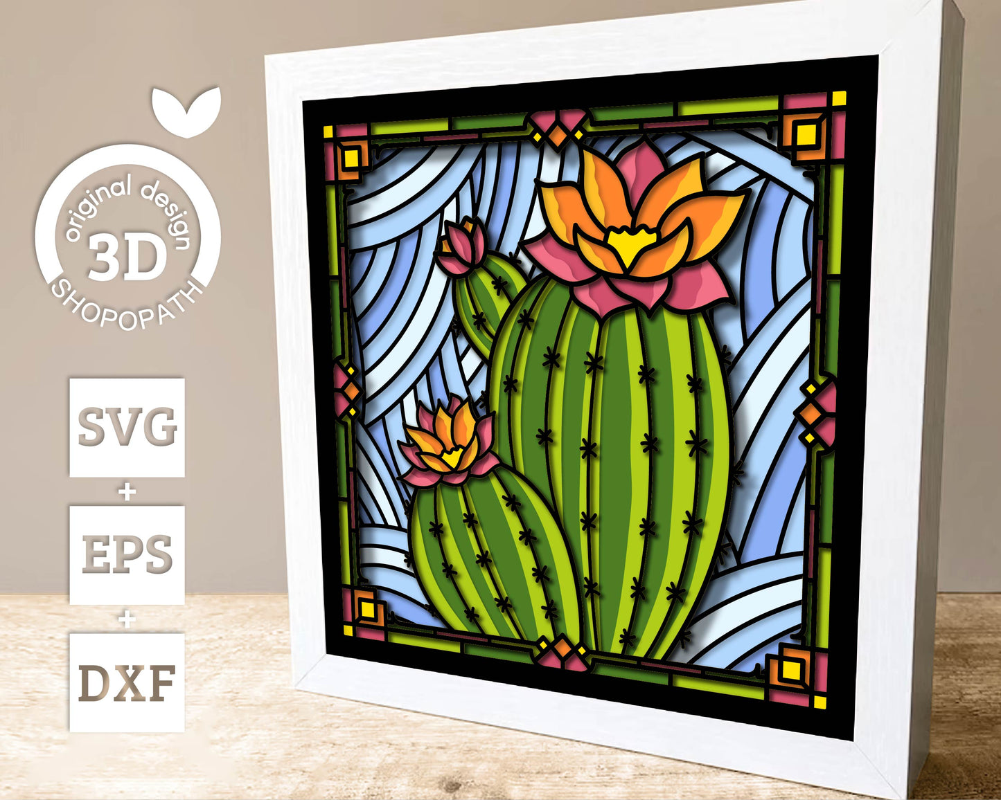 Prickly Pear Cactus Stained Glass - 3D Shadow Box Layered SVG DXF EPS (Cutting Files)