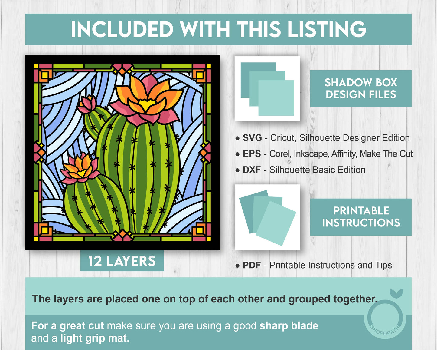 Prickly Pear Cactus Stained Glass - 3D Shadow Box Layered SVG DXF EPS (Cutting Files)
