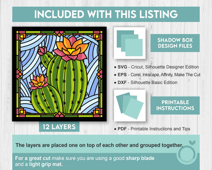 Prickly Pear Cactus Stained Glass - 3D Shadow Box Layered SVG DXF EPS (Cutting Files)