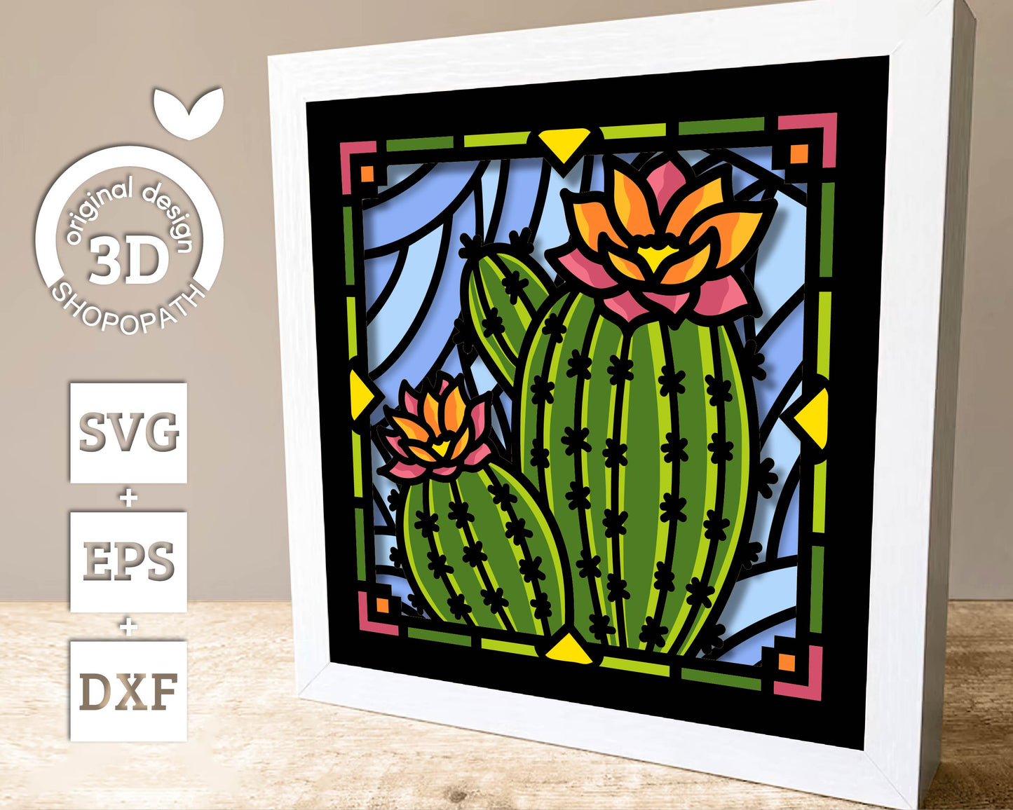 Prickly Pear Cactus Stained Glass Mini - 3D Shadow Box Layered SVG DXF EPS (Cutting Files)