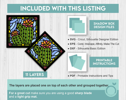 Prickly Pear Cactus Stained Glass Mini - 3D Shadow Box Layered SVG DXF EPS (Cutting Files)