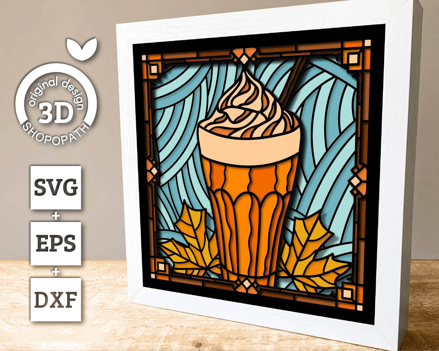 3D SVG Stained Glass Pumpkin Spice Latte Shadow Box, 3D Maple Leaves svg, 3D Svg Latte, 3D Svg Pumpkin Spice Latte,  Cricut Silhouette
