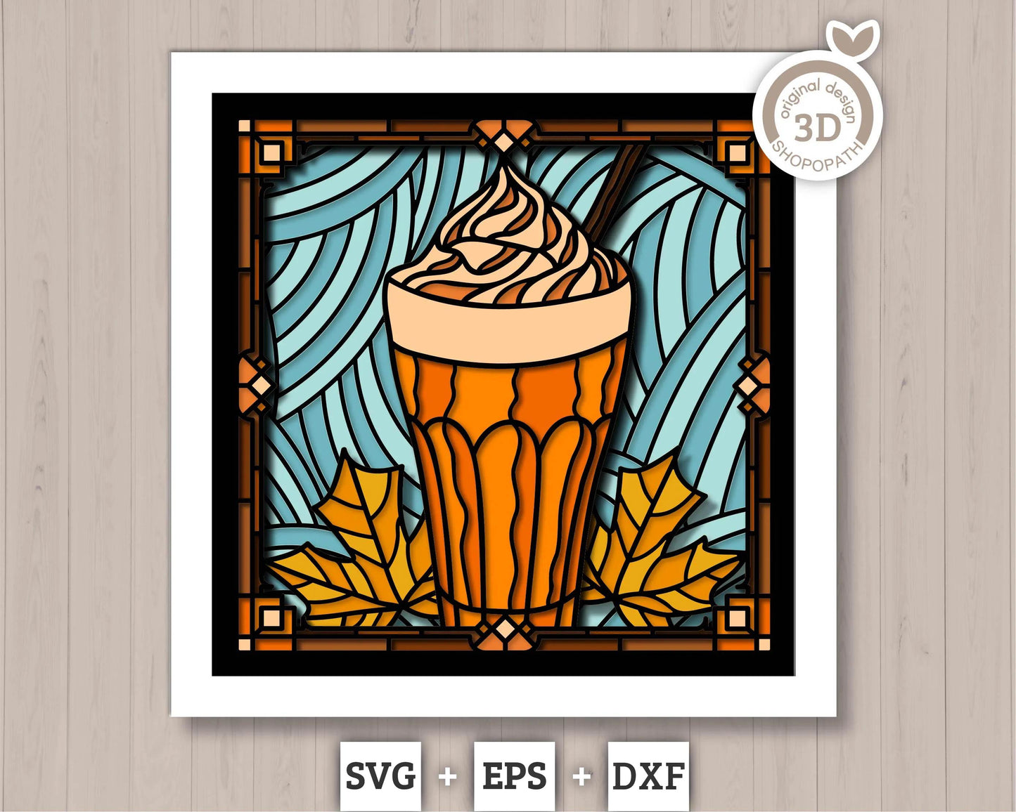 3D SVG Stained Glass Pumpkin Spice Latte Shadow Box, 3D Maple Leaves svg, 3D Svg Latte, 3D Svg Pumpkin Spice Latte,  Cricut Silhouette