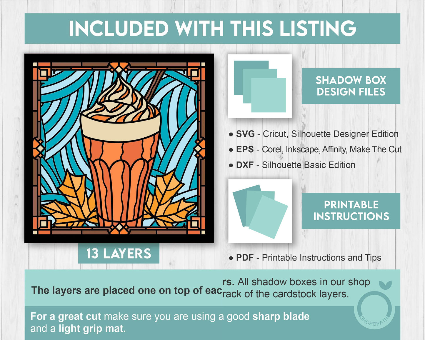 3D SVG Stained Glass Pumpkin Spice Latte Shadow Box, 3D Maple Leaves svg, 3D Svg Latte, 3D Svg Pumpkin Spice Latte,  Cricut Silhouette
