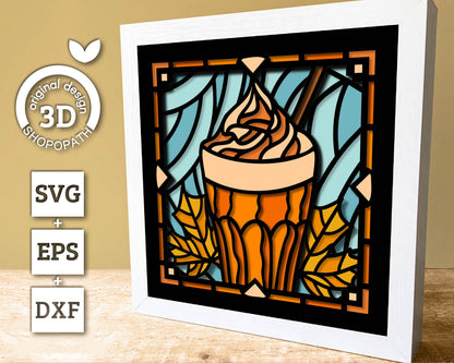 3D SVG Stained Glass Pumpkin Spice Latte Shadow Box, 3D Svg Latte, 3D Svg Pumpkin Spice Latte, 3D Maple Leaves svg, Cricut Silhouette