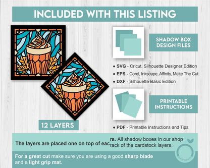 3D SVG Stained Glass Pumpkin Spice Latte Shadow Box, 3D Svg Latte, 3D Svg Pumpkin Spice Latte, 3D Maple Leaves svg, Cricut Silhouette