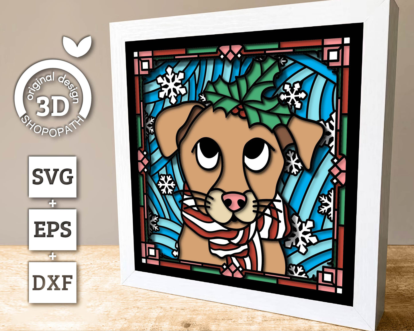 3D SVG Stained Glass Puppy With Holly Shadow Box, 3D SVG Christmas, Dog 3D Svg, 3D SVG Christmas, Shopopath 3D svg, Cricut Silhouette