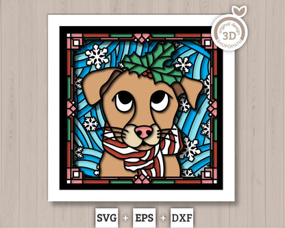 3D SVG Stained Glass Puppy With Holly Shadow Box, 3D SVG Christmas, Dog 3D Svg, 3D SVG Christmas, Shopopath 3D svg, Cricut Silhouette
