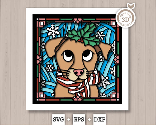 3D SVG Stained Glass Puppy With Holly Shadow Box, 3D SVG Christmas, Dog 3D Svg, 3D SVG Christmas, Shopopath 3D svg, Cricut Silhouette
