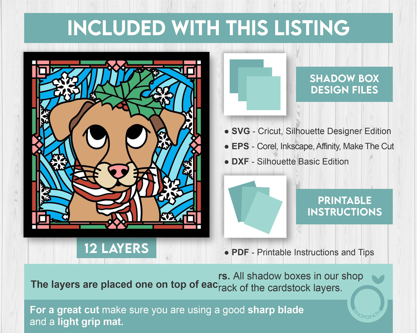 3D SVG Stained Glass Puppy With Holly Shadow Box, 3D SVG Christmas, Dog 3D Svg, 3D SVG Christmas, Shopopath 3D svg, Cricut Silhouette