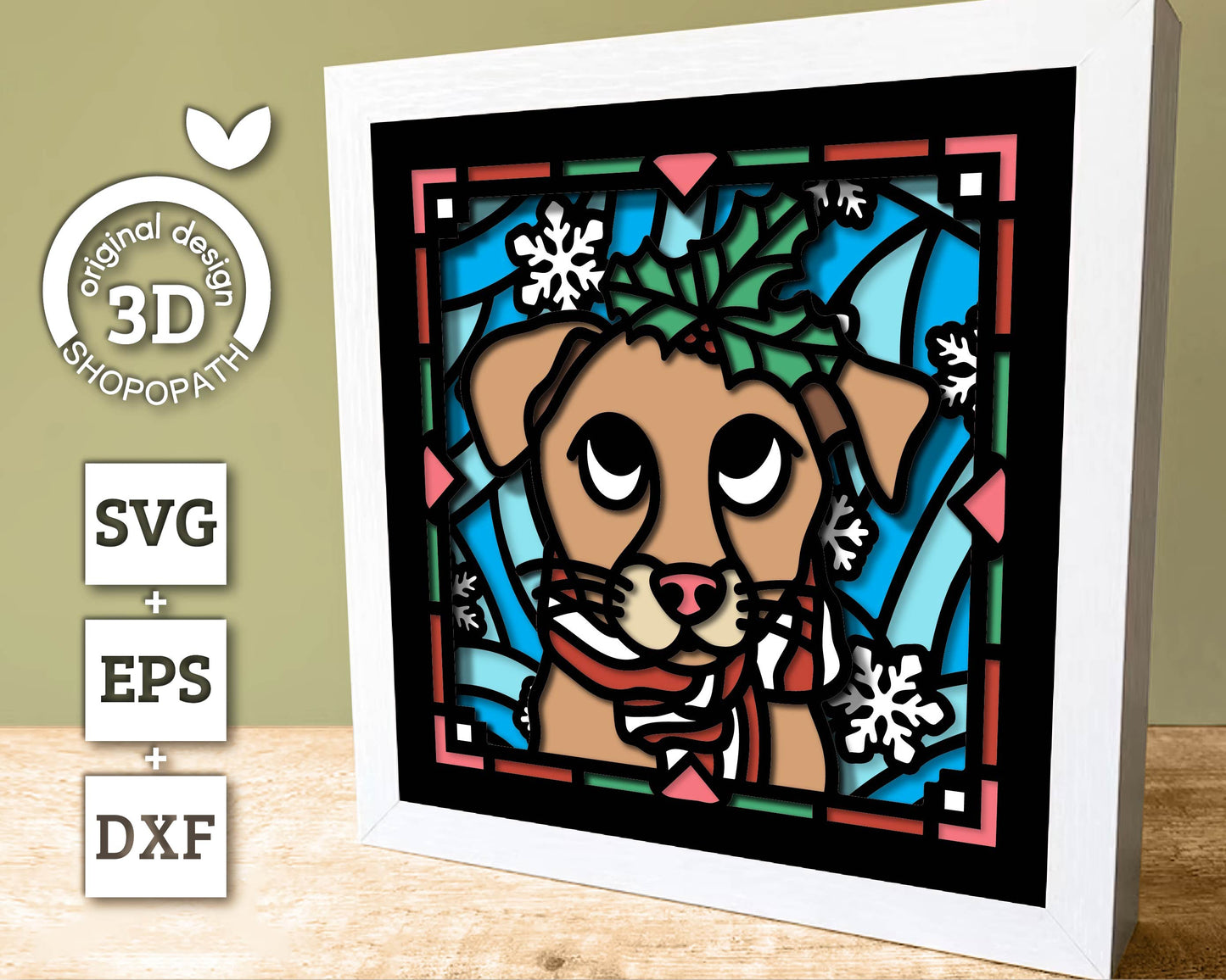 3D SVG Stained Glass Puppy With Holly Shadow Box, 3D SVG Christmas, 3D SVG Christmas, 3D svg Dog, Shopopath 3D Svg, Cricut Silhouette