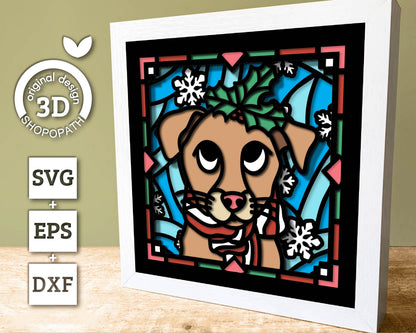 3D SVG Stained Glass Puppy With Holly Shadow Box, 3D SVG Christmas, 3D SVG Christmas, 3D svg Dog, Shopopath 3D Svg, Cricut Silhouette