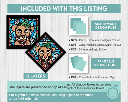 3D SVG Stained Glass Puppy With Holly Shadow Box, 3D SVG Christmas, 3D SVG Christmas, 3D svg Dog, Shopopath 3D Svg, Cricut Silhouette