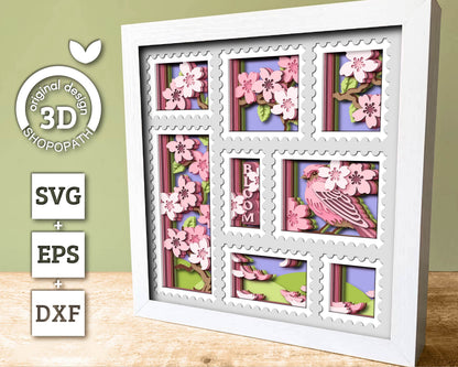 3D Cherry Blossom Tree Stamps Shadow Box SVG, 3D Purple Finch svg 3D Spring SVG, 3D Sakura Tree Svg Flowers Svg Floral SVG Cricut Silhouette