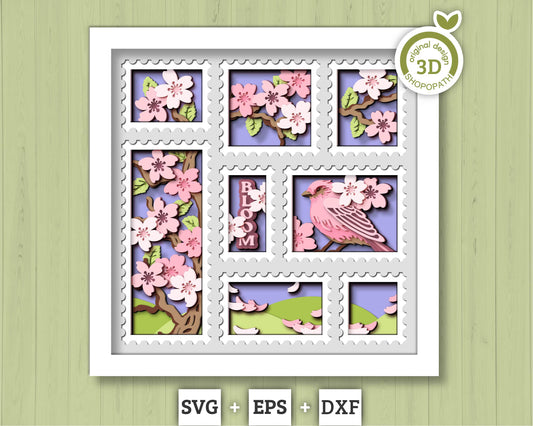 3D Cherry Blossom Tree Stamps Shadow Box SVG, 3D Purple Finch svg 3D Spring SVG, 3D Sakura Tree Svg Flowers Svg Floral SVG Cricut Silhouette