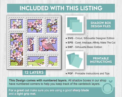 3D Cherry Blossom Tree Stamps Shadow Box SVG, 3D Purple Finch svg 3D Spring SVG, 3D Sakura Tree Svg Flowers Svg Floral SVG Cricut Silhouette