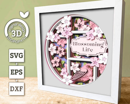 3D Purple Finch In Cherry Blossom Tree Customisable Shadow Box SVG, 3D Spring SVG, 3D Sakura Tree Svg, Flowers Svg, Cricut Silhouette