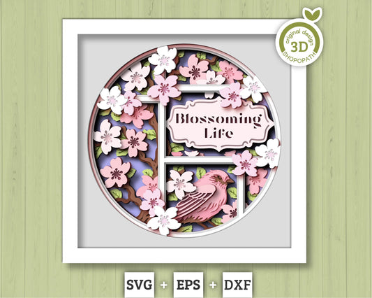 3D Purple Finch In Cherry Blossom Tree Customisable Shadow Box SVG, 3D Spring SVG, 3D Sakura Tree Svg, Flowers Svg, Cricut Silhouette