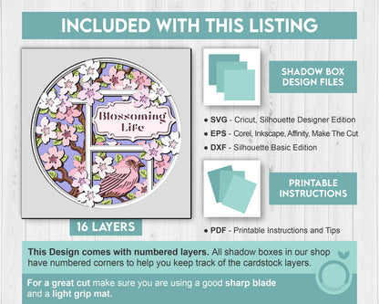 3D Purple Finch In Cherry Blossom Tree Customisable Shadow Box SVG, 3D Spring SVG, 3D Sakura Tree Svg, Flowers Svg, Cricut Silhouette