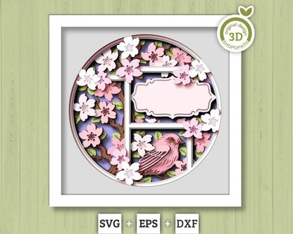 3D Purple Finch In Cherry Blossom Tree Customisable Shadow Box SVG, 3D Spring SVG, 3D Sakura Tree Svg, Flowers Svg, Cricut Silhouette