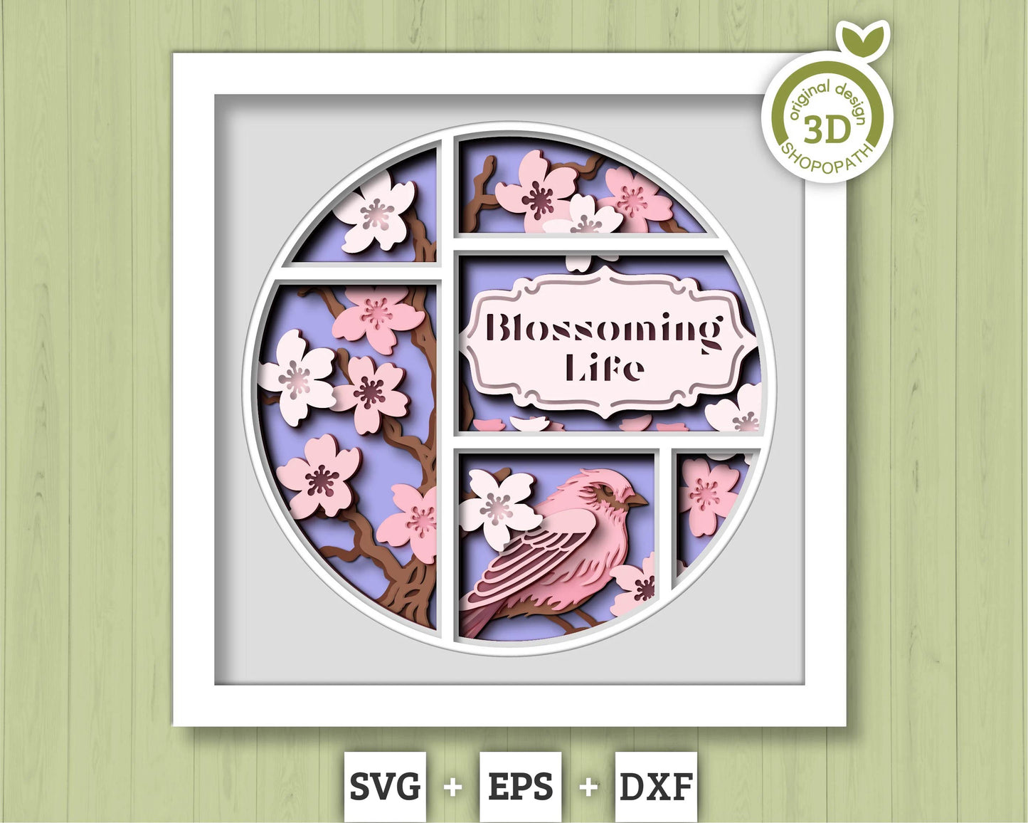 3D Purple Finch In Cherry Blossom Tree Customisable Shadow Box SVG, 3D Spring SVG, 3D Sakura Tree Svg, Flowers Svg, Cricut Silhouette