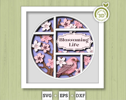 3D Purple Finch In Cherry Blossom Tree Customisable Shadow Box SVG, 3D Spring SVG, 3D Sakura Tree Svg, Flowers Svg, Cricut Silhouette