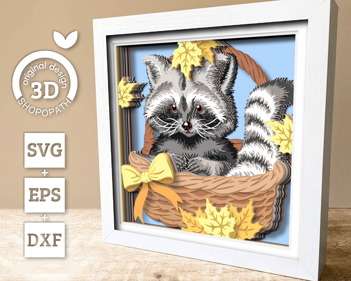 Raccoon in Basket with Fall Leaves - 3D Shadow Box Layered SVG DXF EPS (Cutting Files)