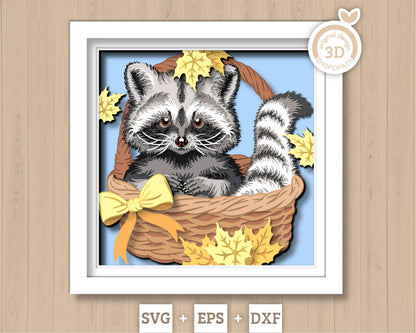 Raccoon in Basket with Fall Leaves - 3D Shadow Box Layered SVG DXF EPS (Cutting Files)