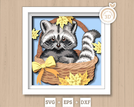 Raccoon in Basket with Fall Leaves - 3D Shadow Box Layered SVG DXF EPS (Cutting Files)