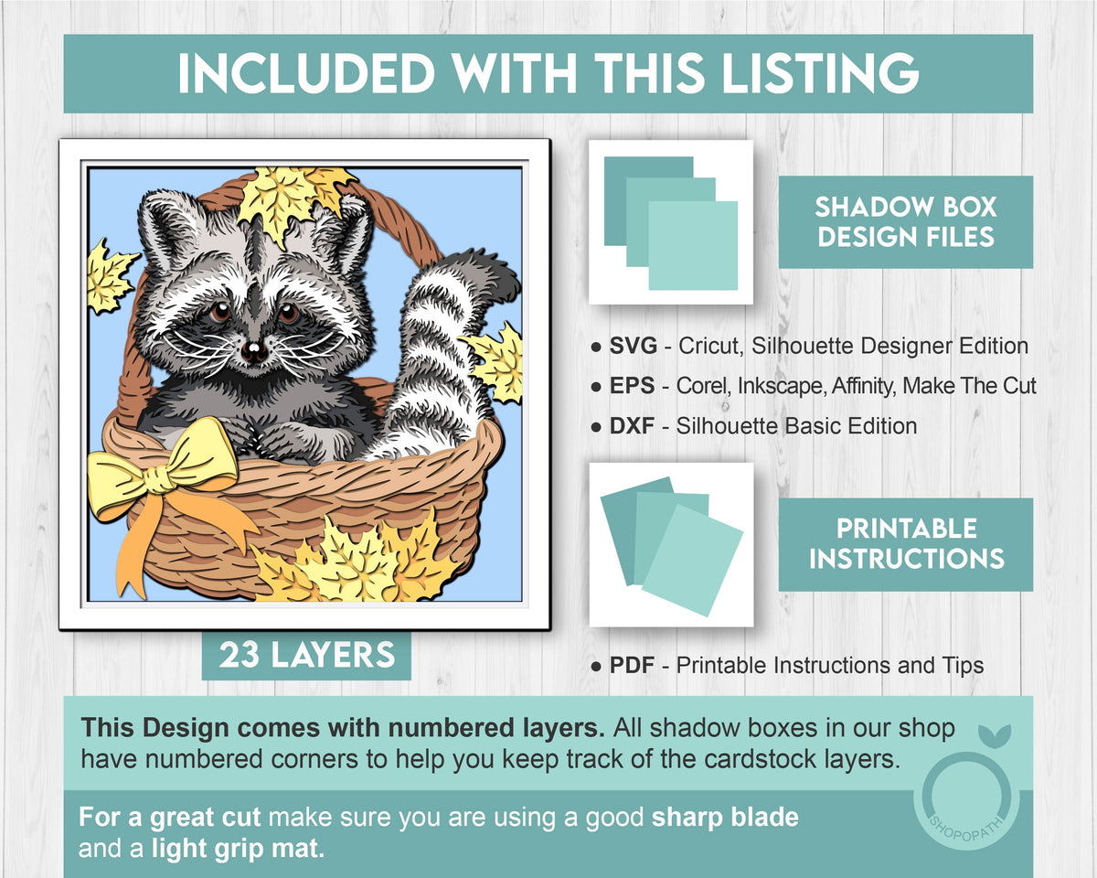Raccoon in Basket with Fall Leaves - 3D Shadow Box Layered SVG DXF EPS (Cutting Files)