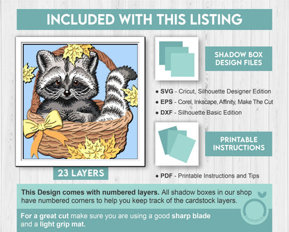 Raccoon in Basket with Fall Leaves - 3D Shadow Box Layered SVG DXF EPS (Cutting Files)