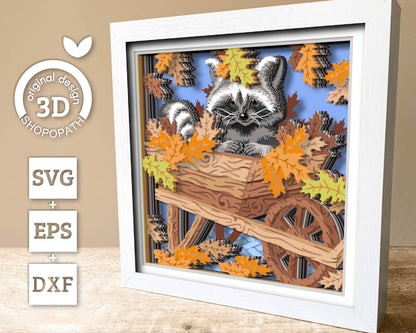 Raccoon in Cart with Fall Leaves - 3D Shadow Box Layered SVG DXF EPS (Cutting Files)
