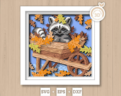 Raccoon in Cart with Fall Leaves - 3D Shadow Box Layered SVG DXF EPS (Cutting Files)