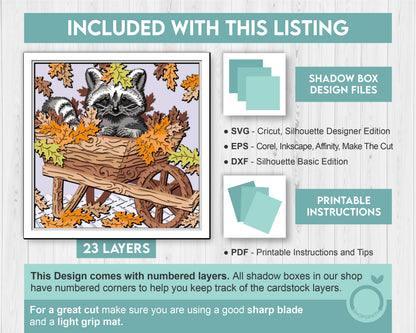 Raccoon in Cart with Fall Leaves - 3D Shadow Box Layered SVG DXF EPS (Cutting Files)