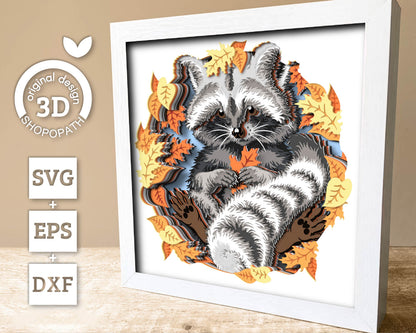 Raccoon with Fall Leaves - 3D Shadow Box Layered SVG DXF EPS (Cutting Files)