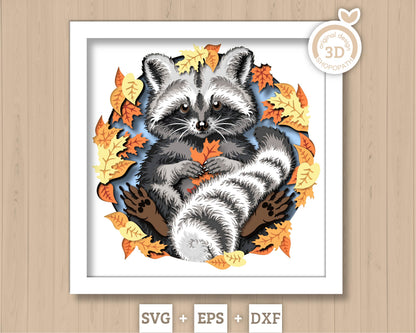 Raccoon with Fall Leaves - 3D Shadow Box Layered SVG DXF EPS (Cutting Files)