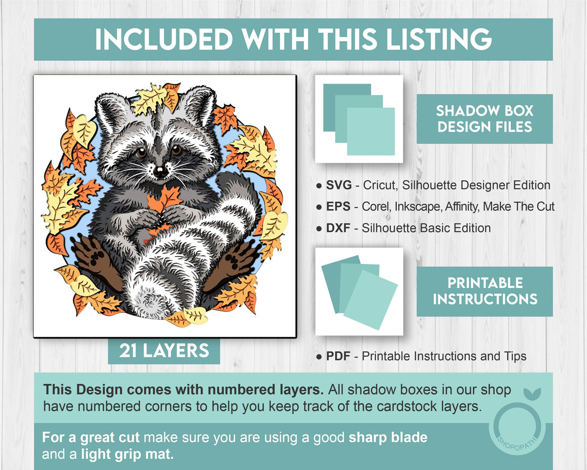 Raccoon with Fall Leaves - 3D Shadow Box Layered SVG DXF EPS (Cutting Files)