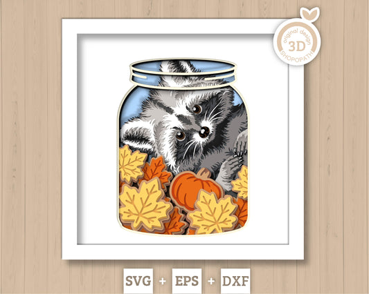 Raccoon with Fall Cookies Jar - 3D Shadow Box Layered SVG DXF EPS (Cutting Files)