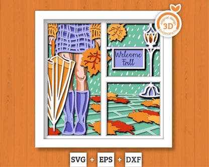 3D Layered Fall Rain SVG EPS, Fall Shadow Box, Autumn 3D Svg, Boots Svg, Leaves 3d Svg, Hello Fall Papercut svg, Cricut Silhouette