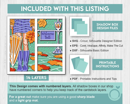3D Layered Fall Rain SVG EPS, Fall Shadow Box, Autumn 3D Svg, Boots Svg, Leaves 3d Svg, Hello Fall Papercut svg, Cricut Silhouette