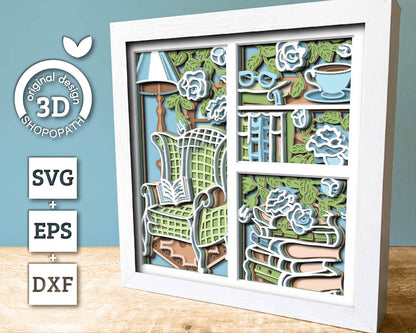 Reading Chair with Books Panels - 3D Shadow Box Layered SVG DXF EPS (Cutting Files)