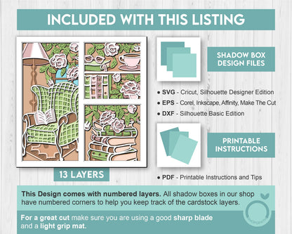 Reading Chair with Books Panels - 3D Shadow Box Layered SVG DXF EPS (Cutting Files)