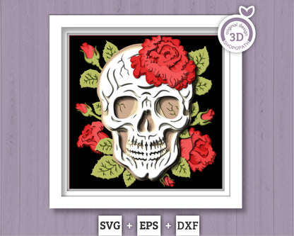 3D SVG Skull With Rose Shadow Box, Halloween Shadow Box 3D Svg, Layered Skull 3D SVG, Rose 3d SVG, Skull Shadow Box 3D Svg Cricut Silhouette