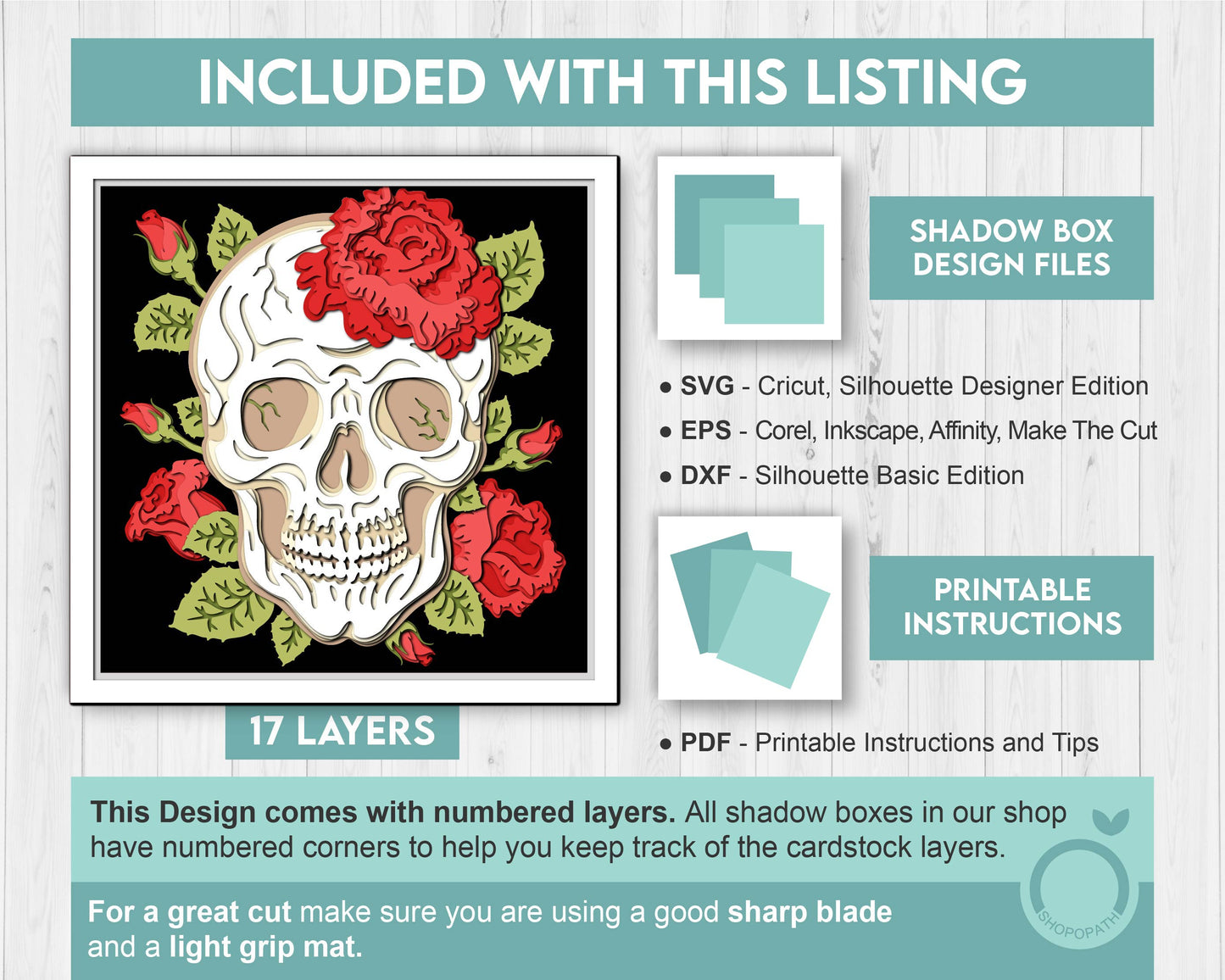 3D SVG Skull With Rose Shadow Box, Halloween Shadow Box 3D Svg, Layered Skull 3D SVG, Rose 3d SVG, Skull Shadow Box 3D Svg Cricut Silhouette