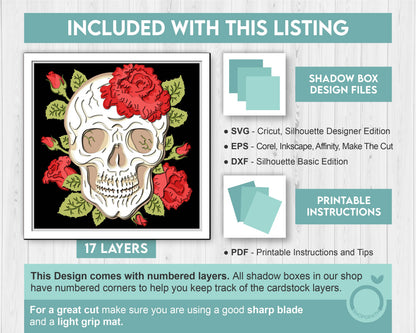 3D SVG Skull With Rose Shadow Box, Halloween Shadow Box 3D Svg, Layered Skull 3D SVG, Rose 3d SVG, Skull Shadow Box 3D Svg Cricut Silhouette