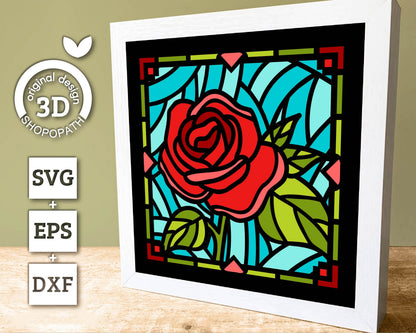 3D SVG Rose Mini Stained Glass Shadow Box, Rose 3D svg, 3D Flowers svg, 3D SVG Stained Glass, Rose Shadow Box svg, Cricut Silhouette