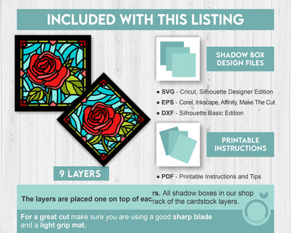3D SVG Rose Mini Stained Glass Shadow Box, Rose 3D svg, 3D Flowers svg, 3D SVG Stained Glass, Rose Shadow Box svg, Cricut Silhouette
